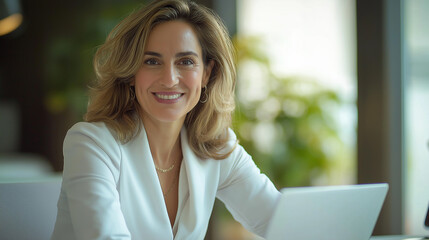 Fototapeta premium Middle-Aged European CEO Smiling and Using Laptop at Office Desk