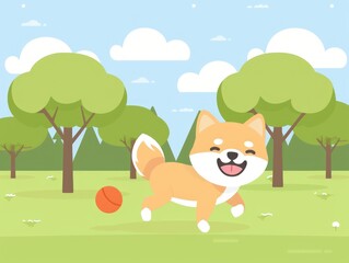 Obraz premium Cute cartoon dog playing fetch in a park.