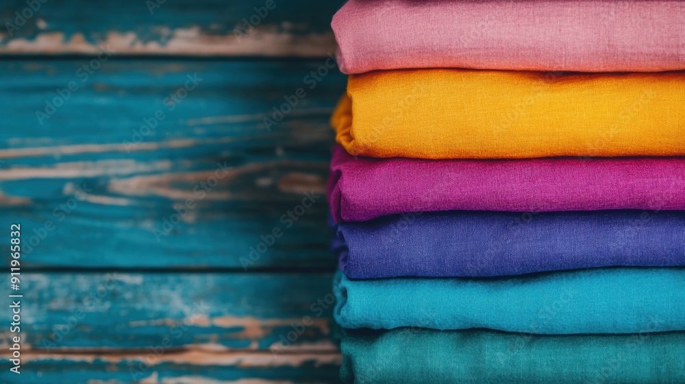 Poster a vibrant stack of neatly folded clothes in various colors rests on a table with a rustic wooden bac