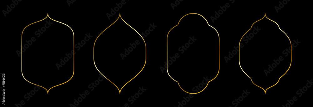 Poster Thin golden curved frame set. Gold curved border collection in oriental style. Thin linear shining pointed shape bundle. Glowing shiny boarder element pack for photo, cadre, poster, card. Vector