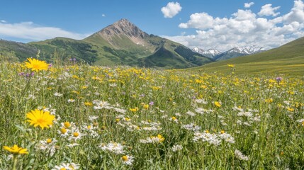 Wildflowers bloom in a meadow, set against towering mountains under a clear blue sky