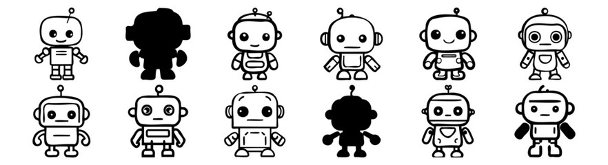 Robot silhouettes set, pack of vector silhouette design, isolated background