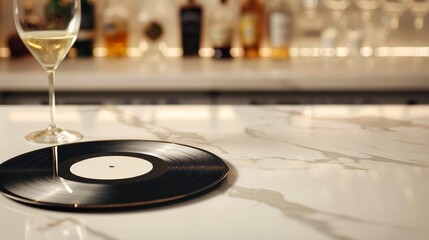 Obraz premium A vinyl record with a blank label on the floor beside a bed in a rustic bedroom. The room features wooden floors, a quilted bedspread, and sunlight streaming through sheer curtains