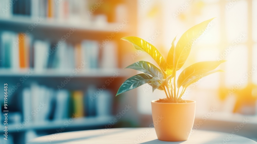 Poster a potted plant basks in sunlight on a bookshelf filled with books, creating a serene and inviting at