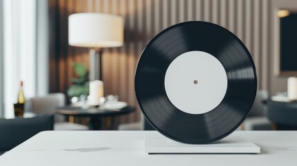 A vinyl record with a blank label, placed on a neon green and yellow background. The vibrant neon light provides clear copy space. The lighting is smooth and diffused, creating a modern lookd