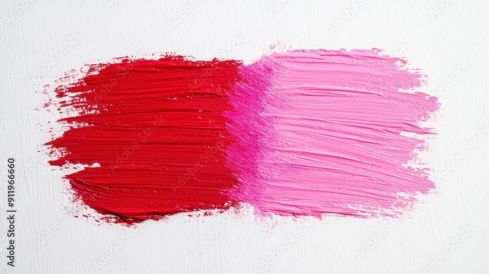 Aufkleber Bold red and soft pink paint strokes merge on a pristine white canvas, showcasing artistic expression and color blending