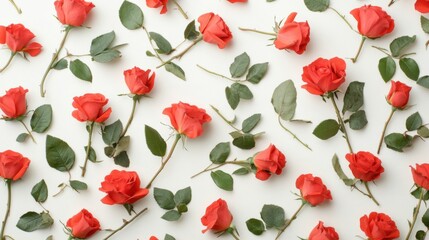 Fototapeta premium Fresh red roses with green leaves create a vibrant pattern on a clean white background