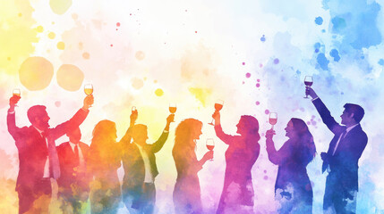 Vibrant Watercolor Silhouette of People Celebrating with Drinks in Hand at a Festive Party