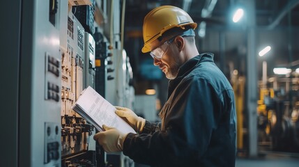 Male industrial engineer wearing a hard hat inspects factory machinery while recording observations on a clipboard, focusing on safety and efficiency.