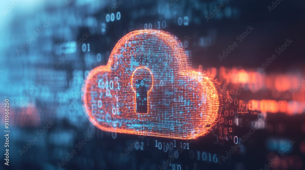 Poster digital cloud lock symbolized in a network of data, representing secure technology in modern computi