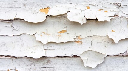 Old white paint is flaking off a wooden surface, revealing the weathered texture underneath
