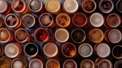 Overhead top down view of a collection of different glasses of beer ale and lager