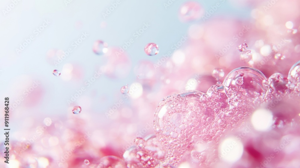 Poster colorful pink bubbles and splashes form an artistic display, highlighting playful movement and textu