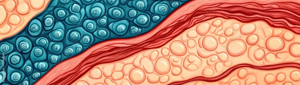 Poster abstract digital illustration depicting layers of cells in vibrant colors, showcasing textures and p