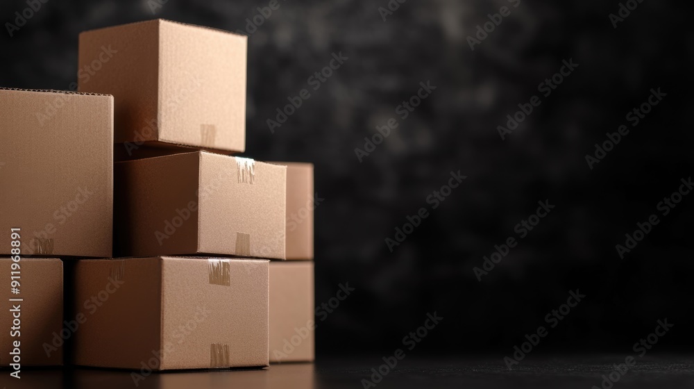 Poster a tall stack of empty cardboard boxes rests on a reflective black surface