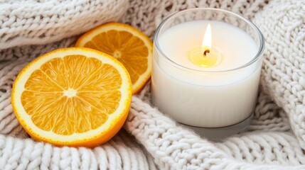 Sweet citrus aroma, icy outdoors, warm knit blanket, candlelight