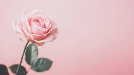 Fototapeta premium A beautiful pink rose blooms gracefully, showcasing its delicate petals against a soft pink backdrop