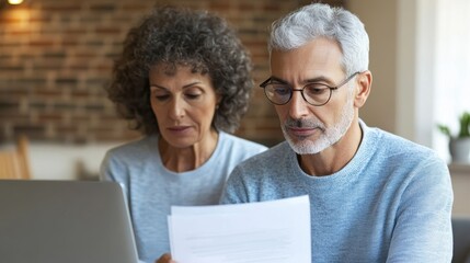 A senior couple reviews important documents together at home, focusing intently on their tasks