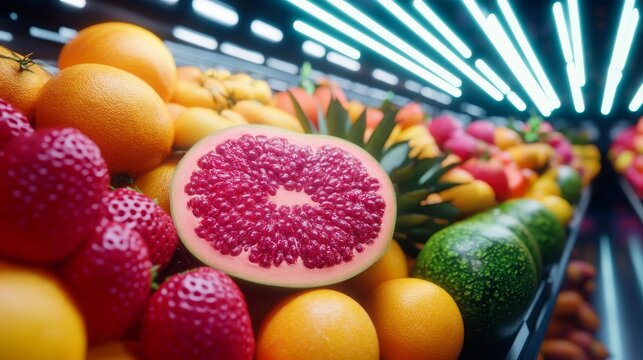 The ultimate fruit, combined taste of all known fruits, neon-lit futuristic marketplace
