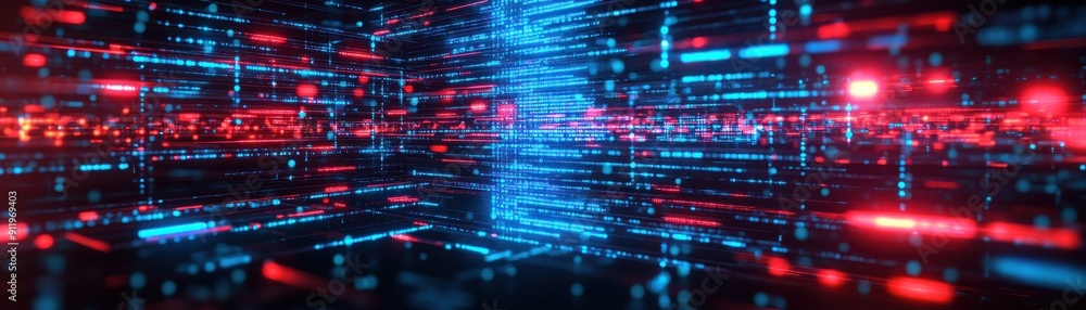 Poster abstract representation of data flow with vibrant red and blue lights in a futuristic digital enviro