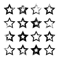 Vintage stars with cracks and stains. Old hand-drawn sign, black simple shape. Retro design element with distressed effect, grunge texture. Vector illustration