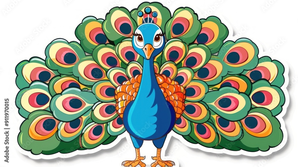 Canvas Prints Colorful cartoon peacock with spread tail feathers.