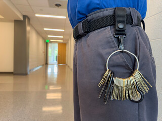 Key Chain on Security Guard in Hallway