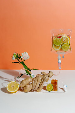 IV Bag with citrus connected to ginger root