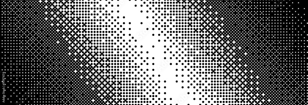 Poster Diagonal bitmap gradient texture. Black and white slanted dithered background. Abstract pixel glitchy tilt pattern. 8 bit video game screen wallpaper. Fading pixel backdrop. Vector retro halftone