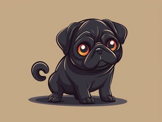Cute cartoon black pug dog with big eyes sitting on a beige background.