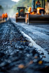 Naklejka premium Road Construction with Heavy Machinery and Workers in Safety Gear on a Sunny Day