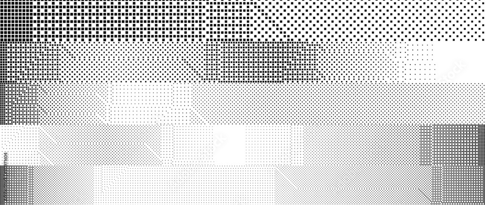 Poster Bitmap pixelated striped pattern. Black and white halftone grunge texture. Glitched noise stripe overlay. Dotted gradient wallpaper for banner, poster, flyer, print, brochure. Vector dither background
