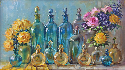 Still Life with Flowers and Glass Bottles.