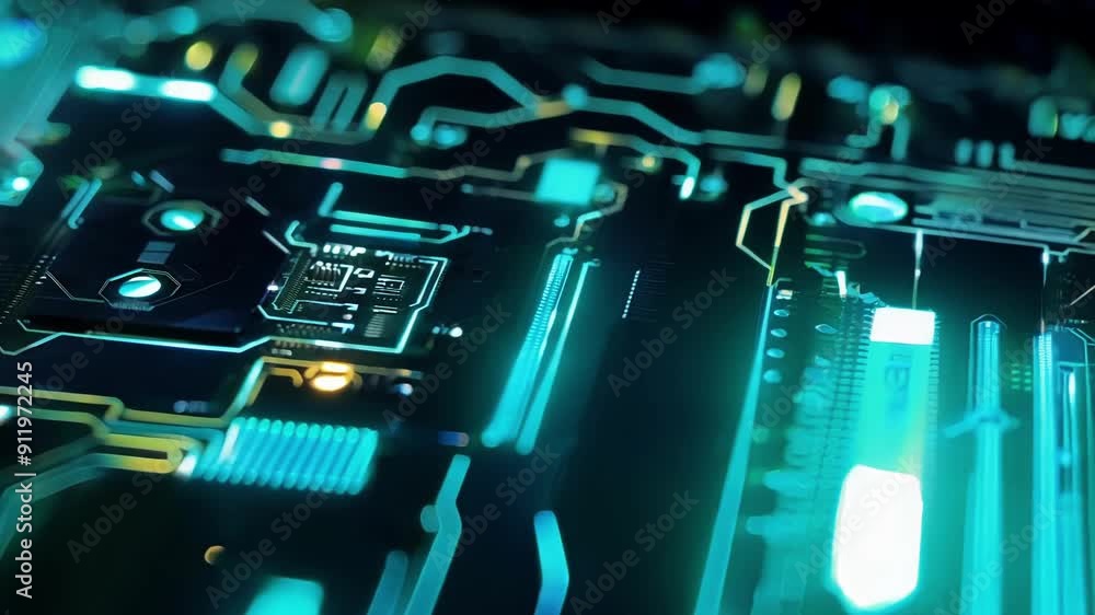 Poster detailed view of an electronic circuit board featuring illuminated components and intricate designs 