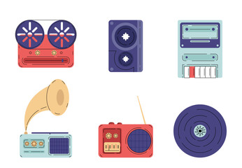 Music stuff set. Gramophone, radio, cassette player and vinyl disc. Electronic audio equipment for listening to music and songs. Flat vector collection