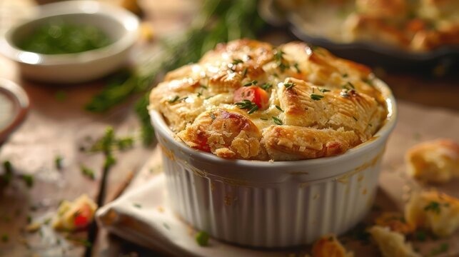 Baked dish in a white casserole, possibly quiche or tart, with herbs and spices on top.