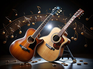 Obraz premium A collection of acoustic and electric guitars lie on a black background, surrounded by musical notes, highlighting the essential equipment for musicians and performers.