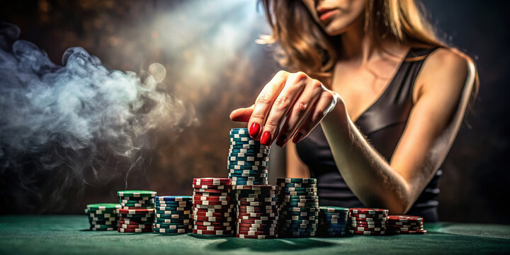 A confident female hand reaches for a stack of poker chips at a dimly lit, rounded table, exuding risky bets and determination in a high-stakes game.