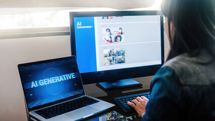 AI app. Woman chat with Artificial Intelligence software in computer at home office. Future digital technology trends