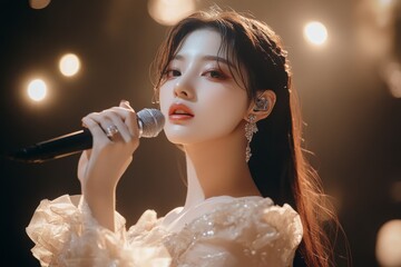 female K-pop idol in a glamorous outfit performing gracefully on a grand stage