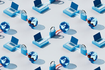 3D Render of Multiple Laptops Connected to Globes and Padlocks