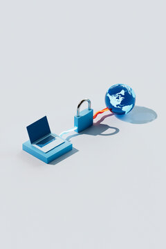 3D Render of Laptop Padlock and Globe Connected by Cables