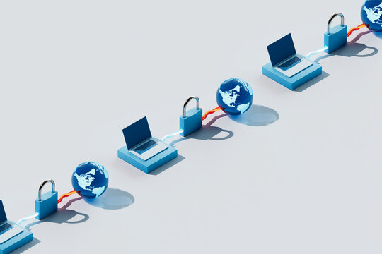 3D Render of Laptops Connected to Padlocks and Globes in Sequenc