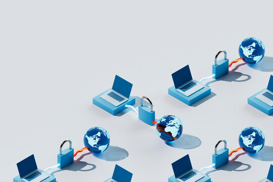 3D Render of Laptops Globes and Padlocks Connected in Grid