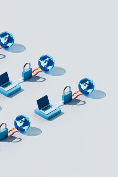 3D Render of Multiple Laptop Padlock and Globe Connections