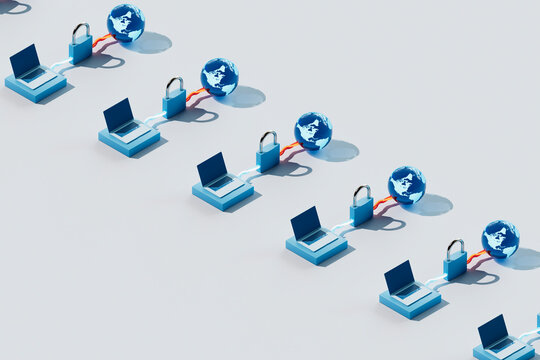 3D Render of Laptops Connected to Padlocks and Globes in Rows