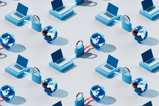 3D Render of Multiple Laptops Connected to Globes and Padlocks