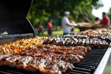 A Labor Day cookout at a local park, with chefs preparing grilled specialties, and families gathering to enjoy the feast