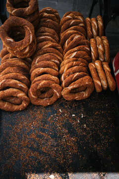 Freshly Baked Simit Rings on Display