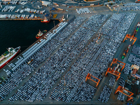 Aerial View of Car Storage at Port